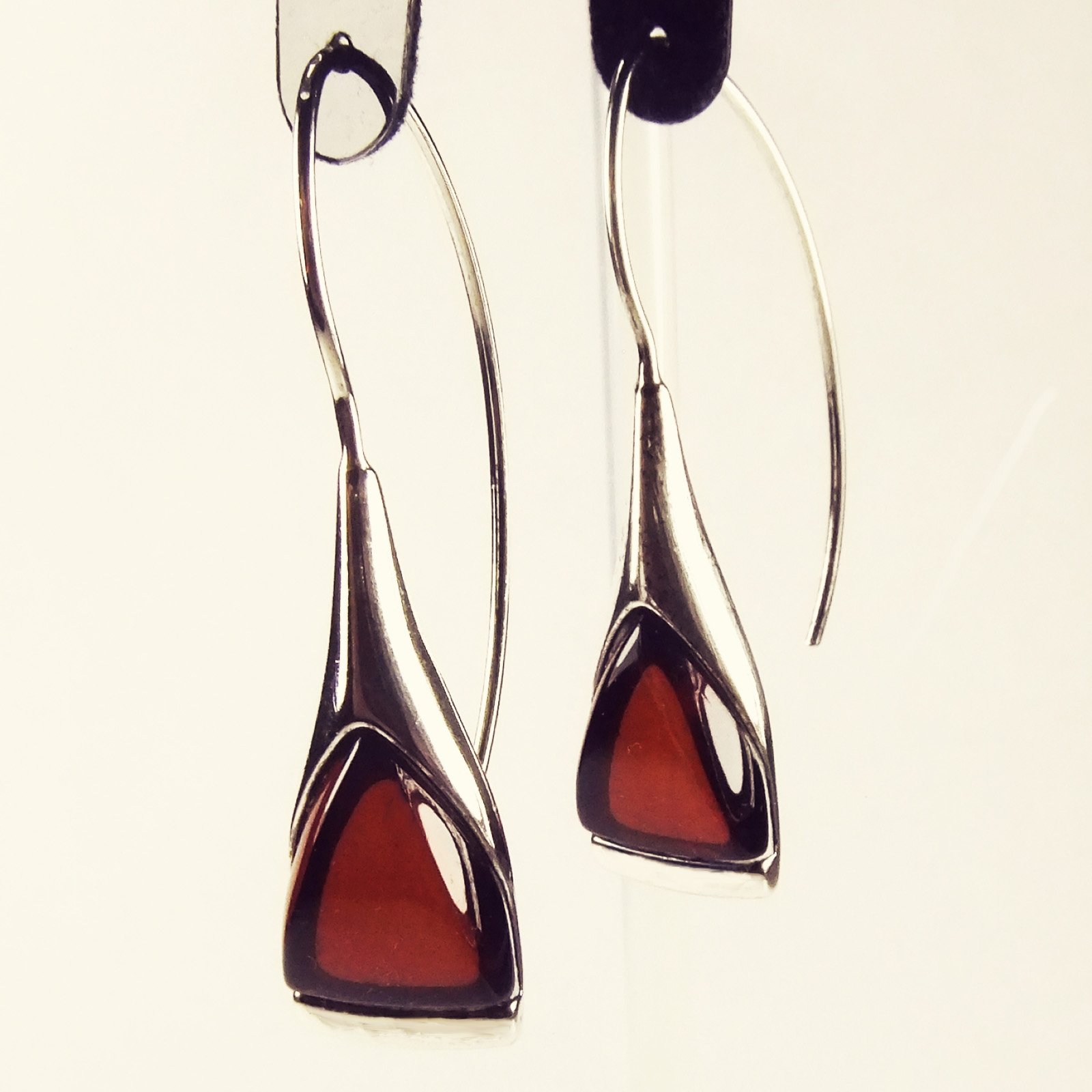 Solid sterling silver long ear wire dangle earrings with Amber